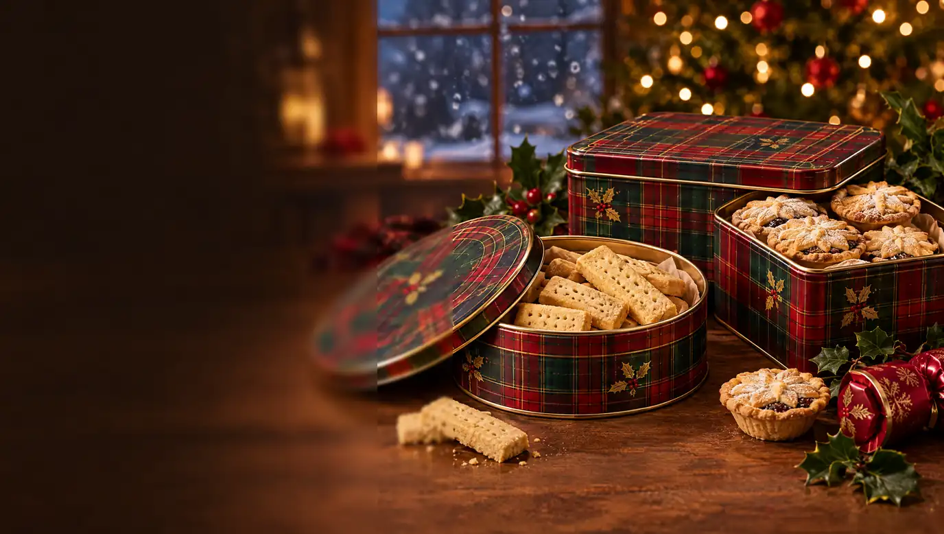 Decorative Christmas tins with shortbread and mince pies